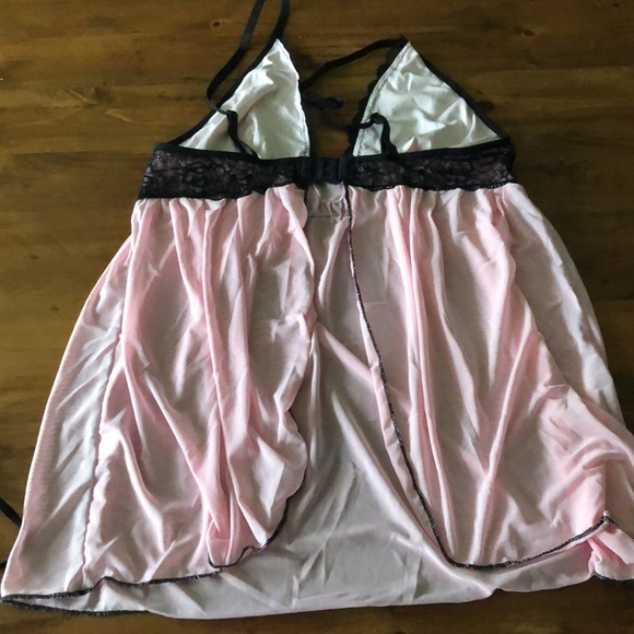 Pink Black lace tulle babydoll set with thong open - Picture 6 of 11